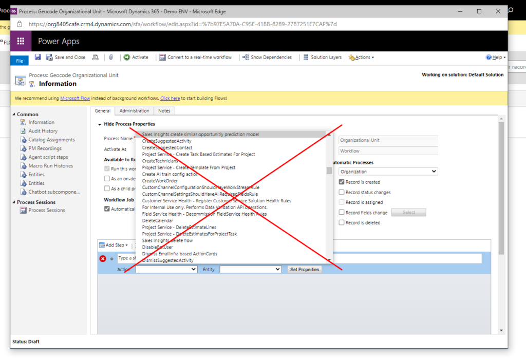 Geocode action from Dynamics 365 Actions dropdown